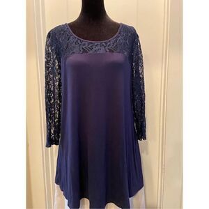 New Directions Women's Navy Large Top with Lace Neck and Sleeves